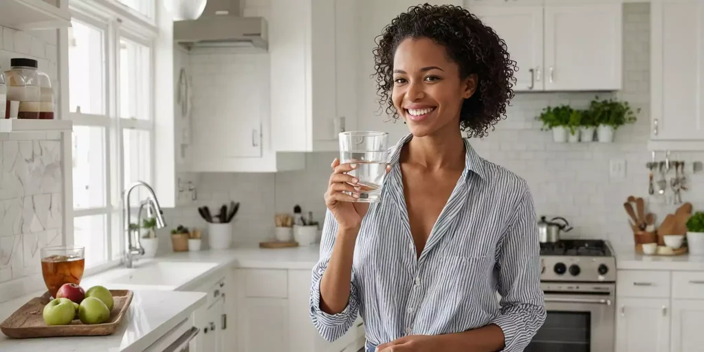 Une femme qui tiens un verre d'eau